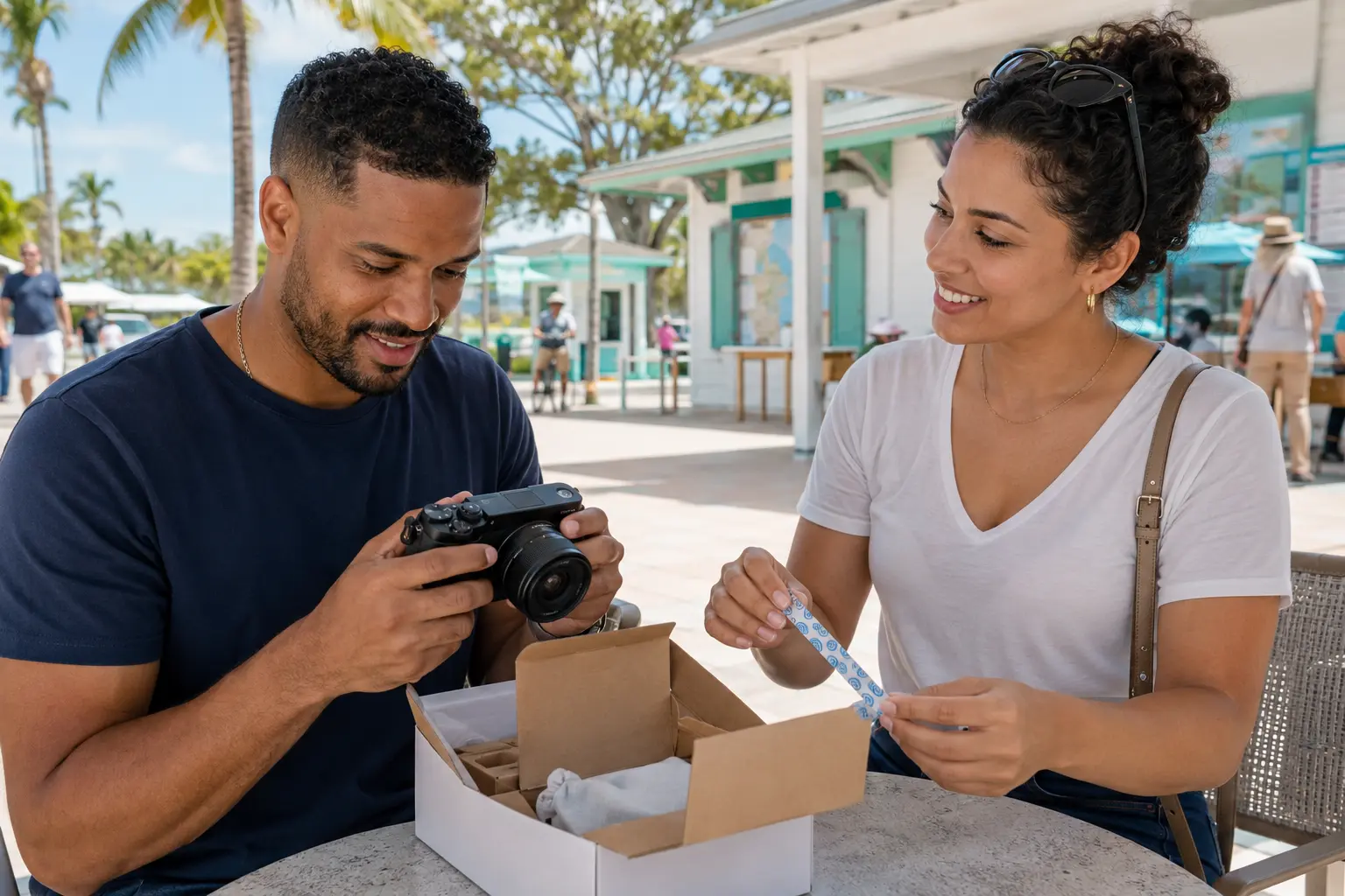 Two people inspecting an item before a PackItPal handoff
