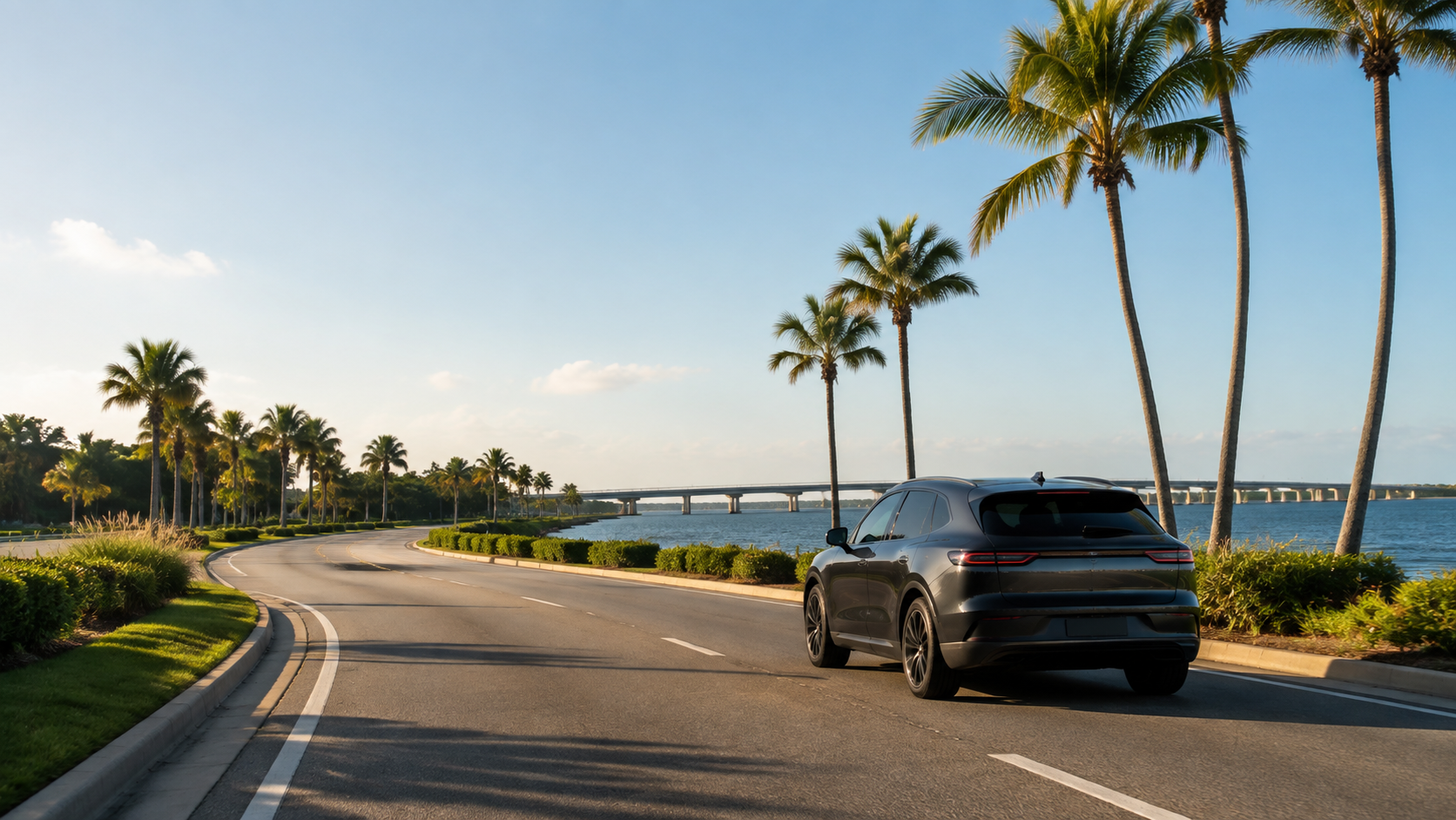 Car traveling on a palm-lined Florida coastal road