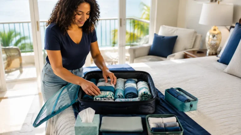 Folded clothing being counted and placed in a clean travel bag