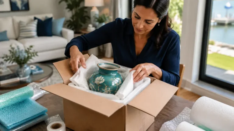Fragile household item wrapped and separated inside a rigid box
