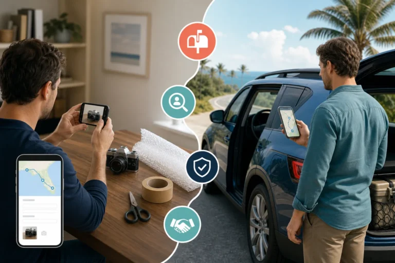 Sender preparing a visible item while a traveler reviews a compatible Florida driving route for peer-to-peer delivery.
