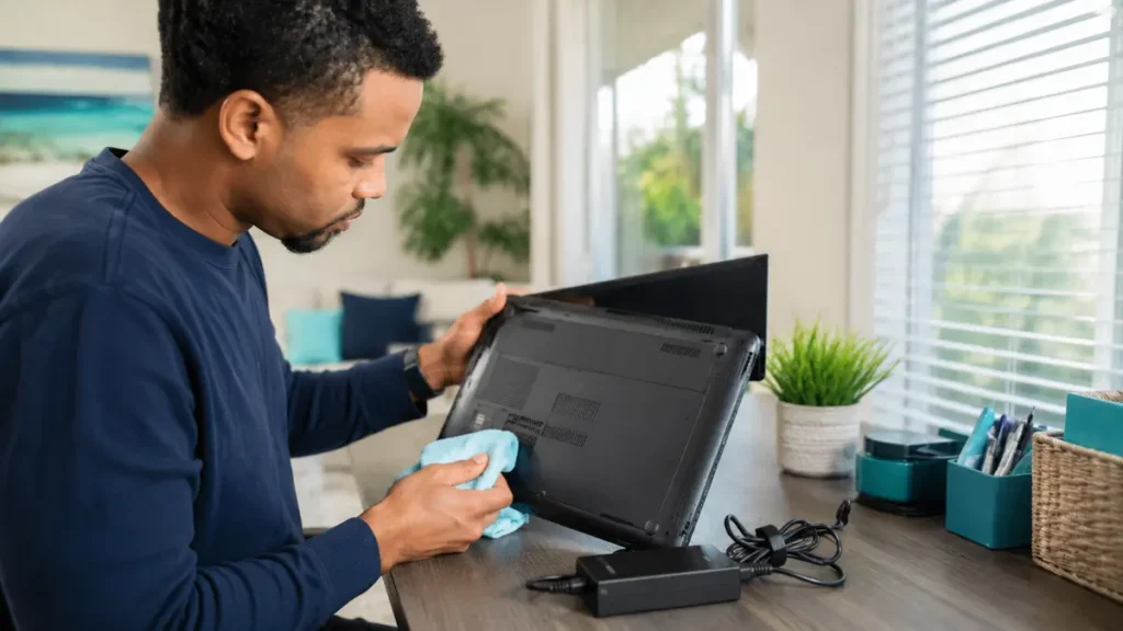 Laptop being powered down and cushioned in a rigid carrying box