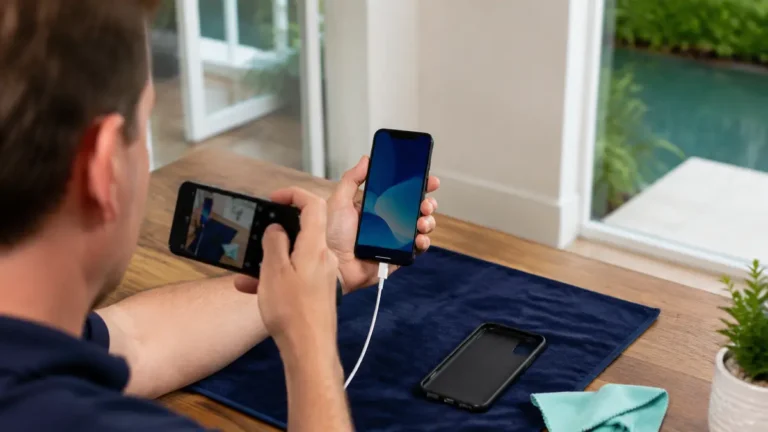 Used smartphone condition being photographed before protective packing
