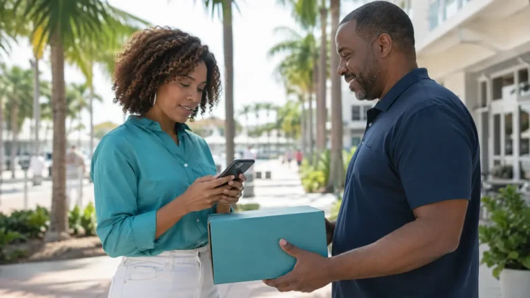 Recipient confirming item handoff on phone after inspection