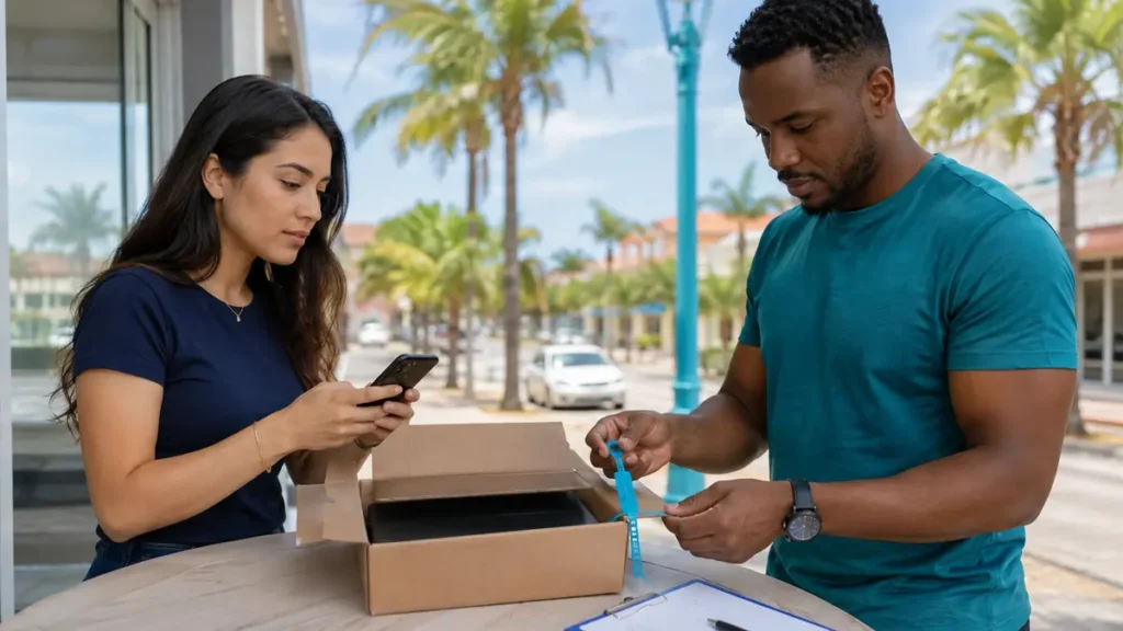Sender and traveler completing a visible-item pickup checklist