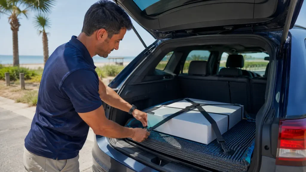 Clean cargo liner protecting a car around a secured package