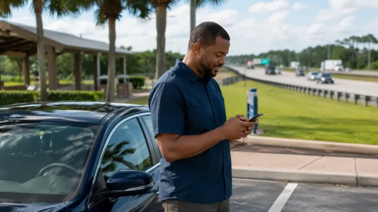 Traveler parked safely while updating a delayed Florida route