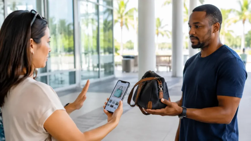 Traveler politely declining a mismatched item at pickup
