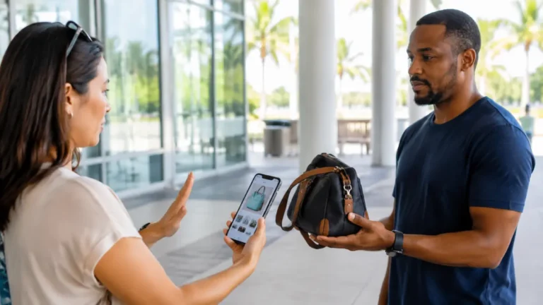 Traveler politely declining a mismatched item at pickup
